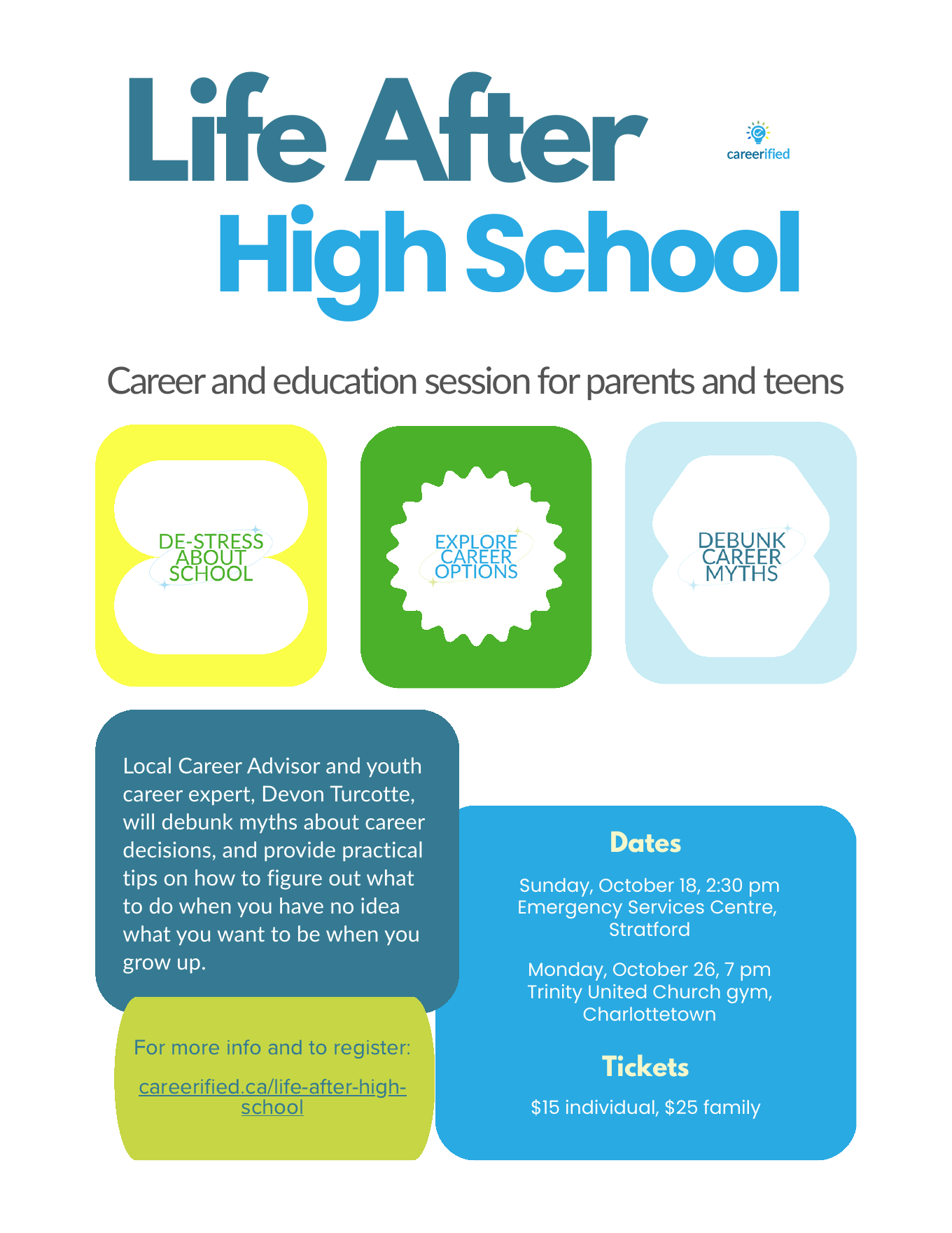 Life After High School career and education sessions for parents and teens — October 18 in Stratford and October 26 in Charlottetown